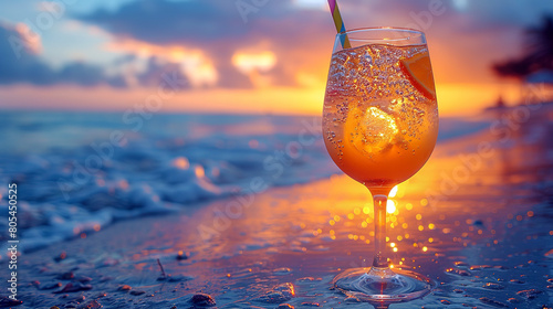 A beautiful glass on a thin stem with orange juice, with ice and drops on the glass, with a colored straw, on the beach.