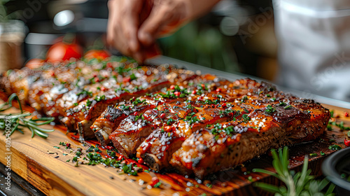 The chef presents a perfectly seared piece of meat in the kitchen on a wooden cutting board, sprinkled with herbs and herbs. photo