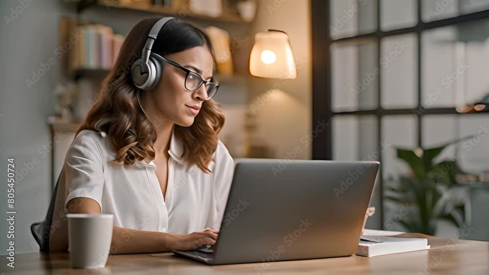 Woman With Headphones Using Laptop Generative AI Woman With Headphones Using Laptop Generative AI