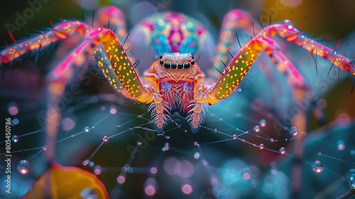Experience the magic of a colorful spider as it gracefully glides on its intricate web, defying the darkness photo