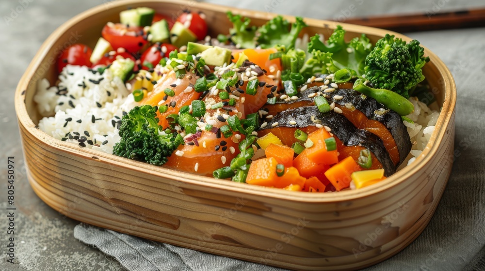 Nutritious Vegan Bento Box with Fresh Vegetables and Rice. Generative ai Nutritious Vegan Bento Box with Fresh Vegetables and Rice. Generative ai