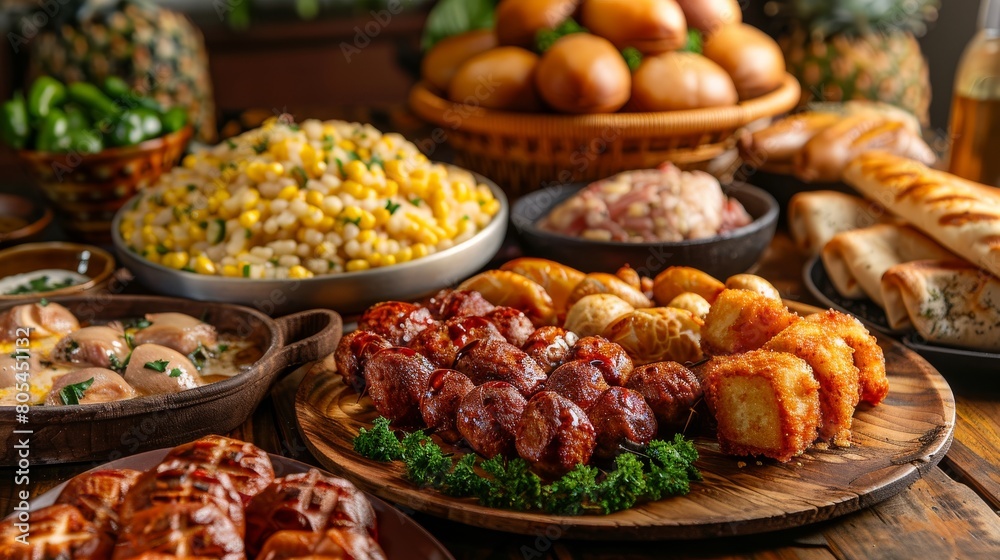 Delicious Assortment of Brazilian Barbecue and Side Dishes Feast. Generative ai