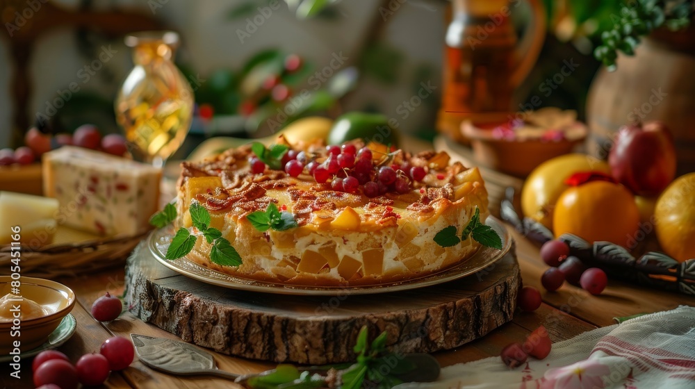 Homemade Apple Cake with Berries and Mint on Rustic Wooden Table. Generative ai Homemade Apple Cake with Berries and Mint on Rustic Wooden Table. Generative ai