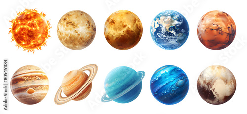 Fototapeta Naklejka Na Ścianę i Meble -  Collection of solar system planets isolated on transparent background. Cut out design elements for astronomy. Planetary collection for kids school education. Set of realistic illustrations about space
