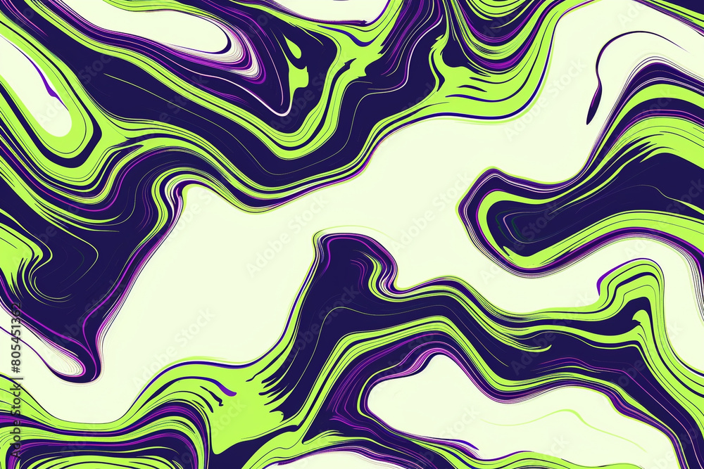 Neon green and deep purple tiddle waves, forming an abstract pattern that is both mystical and bold, set against a solid white background. Neon green and deep purple tiddle waves, forming an abstract pattern that is both mystical and bold, set against a solid white background.