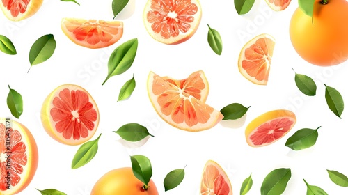 Bright Citrus Pattern with Fresh Grapefruits and Leaves on White. Perfect for Summer Designs, Healthy Lifestyle Themes. Vibrant and Inviting Illustration. AI