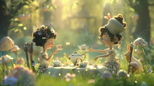 Enchanted Tea Party in Whimsical Forest Setting with Children and Magical Creatures photo
