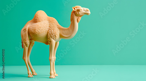 A cute camel figurine on an green background, in a minimalist style with a simple design. Copy space for text