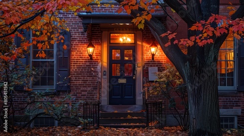 Charming brick house entrance adorned with fall foliage capturing the essence of autumn warmth and coziness