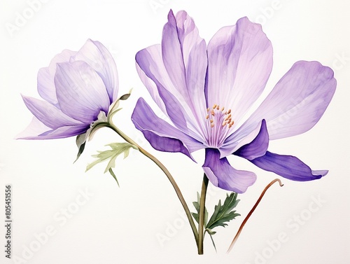 Tranquil watercolor of a blooming purple bud, isolated on a white background, capturing the essence of summer with a closeup view ,  against pur white background