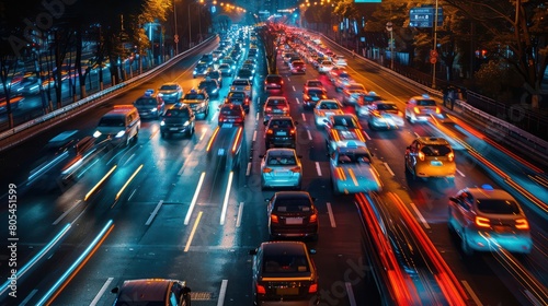The vibrancy of city life is exemplified by the busy highway traffic at dusk, showcasing speed and movement