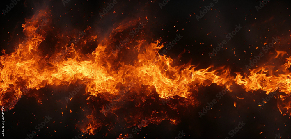 Abstract fire and smoke at night panoramic banner of burning pattern isolated on black background Concept of flame texture nature space gas inferno hell and design