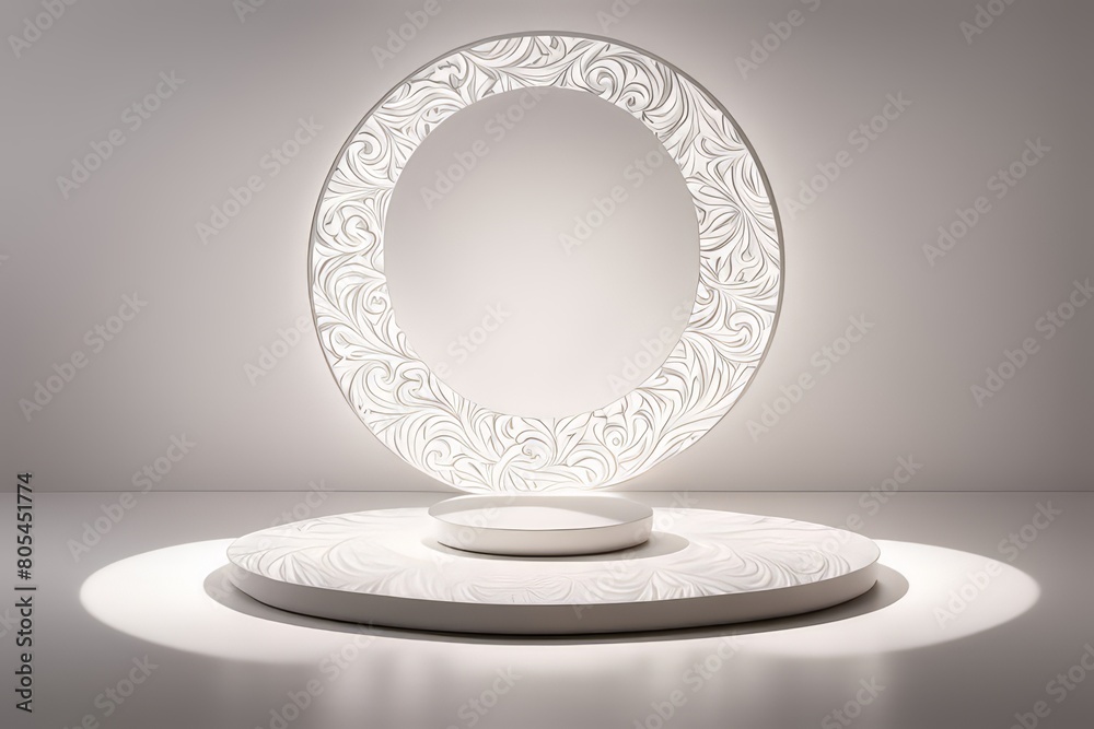 Large circular podium showcases product presentation bathed in soft ambient lighting, casts soft shadows against a stark white background, light source creating a glow around the pedestal. Large circular podium showcases product presentation bathed in soft ambient lighting, casts soft shadows against a stark white background, light source creating a glow around the pedestal.