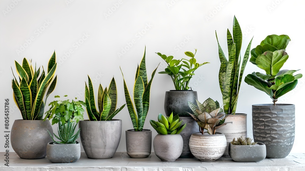 Assorted Potted Indoor Plants on White Background. Modern Home Decor with Greenery. Stylish Botanical Arrangement. Simple and Clean Design Aesthetic. AI