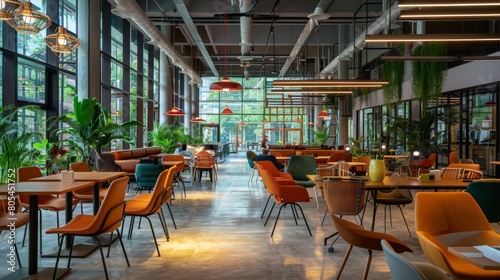 Modern Eco-Friendly Restaurant Interior Design with Lush Greenery. Generative ai