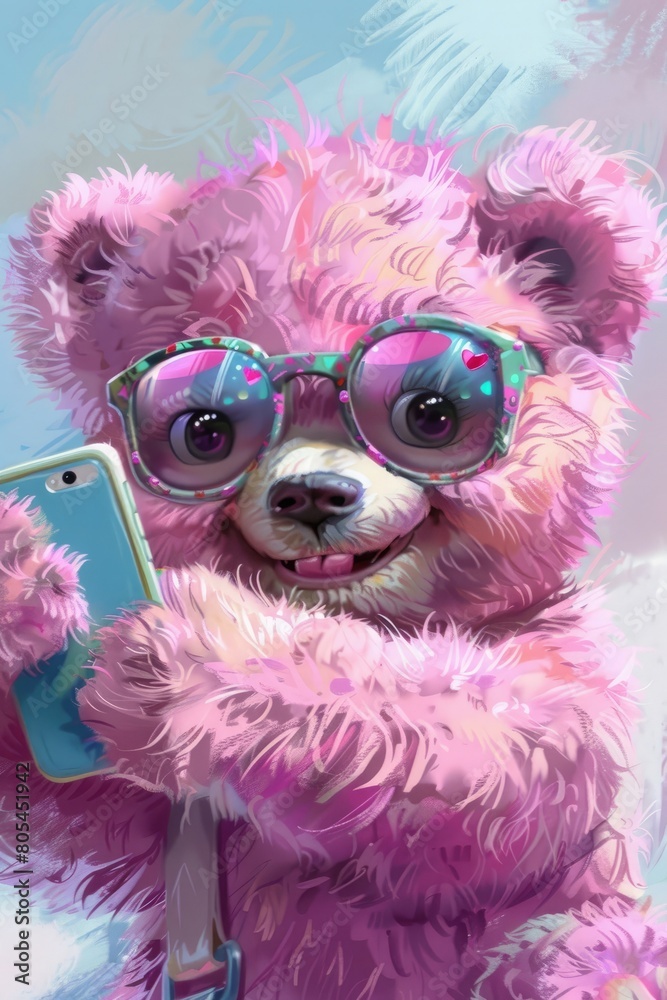 cute girly bear doll in sunglasses taking selfie hand drawn vector illustration