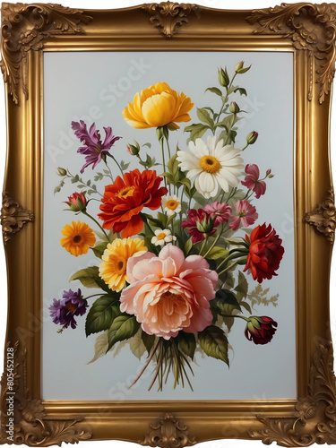 photo frame with flowers, golden frame