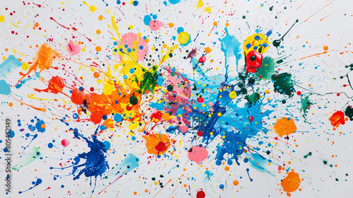 A vibrant explosion of colorful paint splatters on a white canvas.