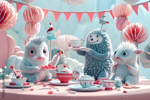 Whimsical Anthropomorphic Animal Tea Party in Pastel Hues Celebrating Joy and Wonder photo