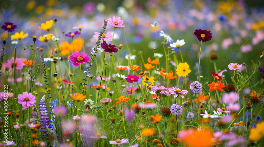 A field of wildflowers in full bloom, showcasing a dazzling array of hues. A field of wildflowers in full bloom, showcasing a dazzling array of hues.