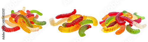 Set of Gummy worm candies isolated on white background