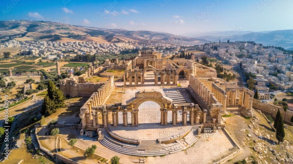 Fototapeta premium Aerial view of ruins of a wonderful Roman amphitheater in ruins during the day in high resolution and high quality. concept antiques, buildings, Jordan, Italy, Rome, Colosseum