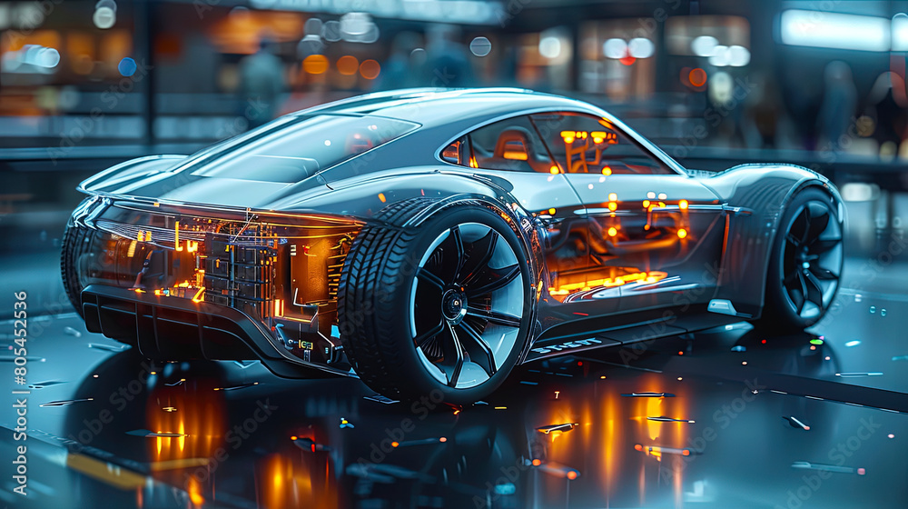 Fototapeta premium High performance chassis and battery packs, future electric vehicle manufacturing and prototype demonstration concepts, banner with copy space.