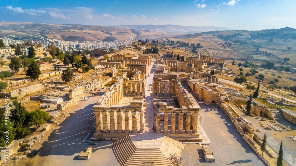 Fototapeta premium Aerial view of ruins of a wonderful Roman amphitheater in ruins during the day in high resolution and high quality. concept antiques, buildings, Jordan, Italy, Rome, coliseum, museum, stadium