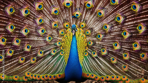 A peacock displaying its iridescent plumage in a mesmerizing array of colors.