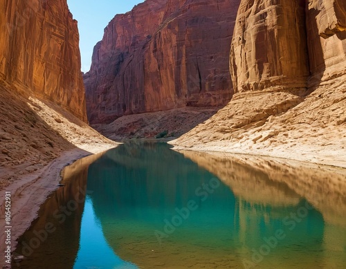 The river flows through the canyon  a beautiful lake  sand mountains and clouds reflected in the calm water surface. landscape with a lake. Nature  ecology  ecotourism