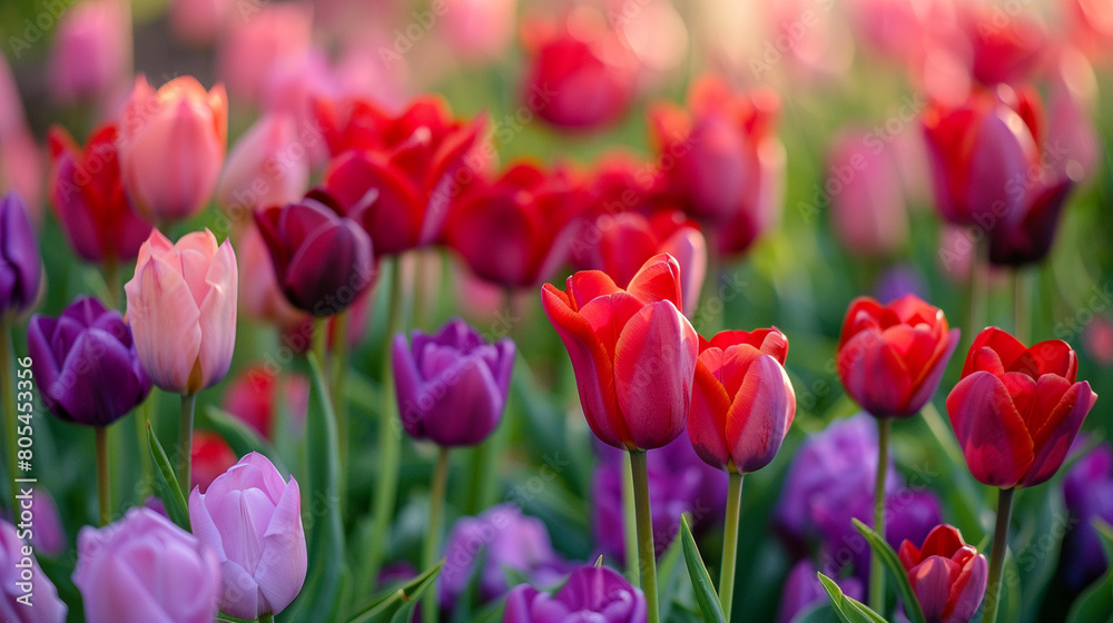 A field of blooming tulips in various shades of red, pink, and purple. A field of blooming tulips in various shades of red, pink, and purple.