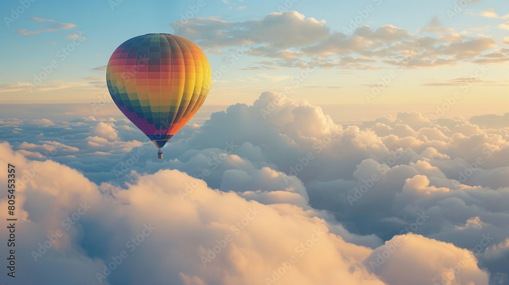 A rainbow-colored hot air balloon soaring high above the clouds. A rainbow-colored hot air balloon soaring high above the clouds.