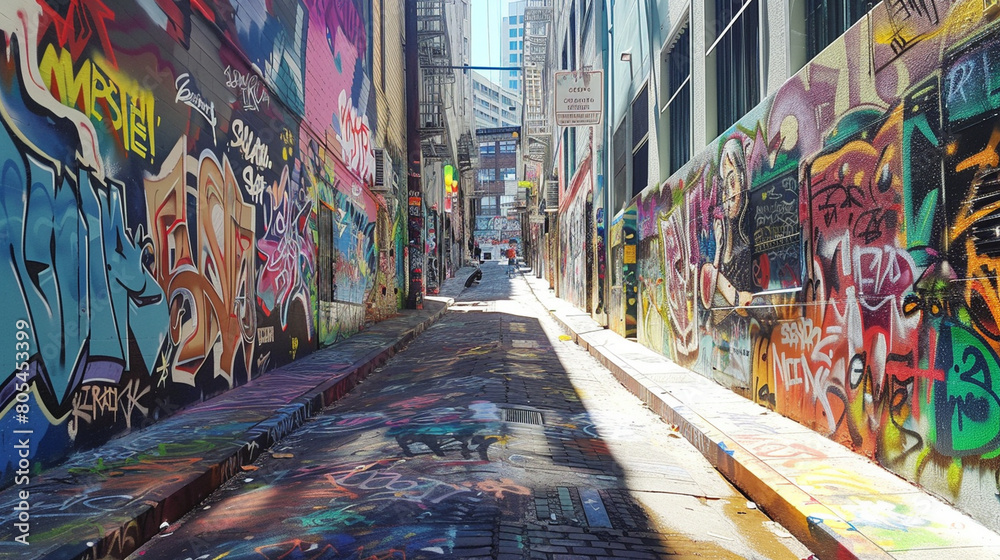 A graffiti-covered alleyway transformed into a riot of colors by street artists. A graffiti-covered alleyway transformed into a riot of colors by street artists.