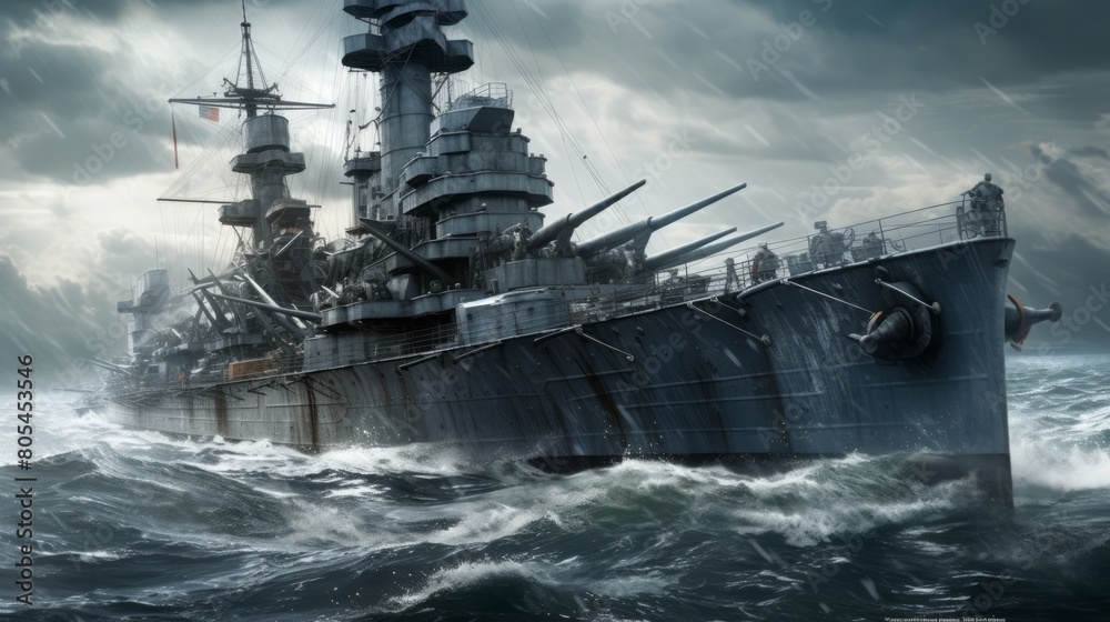 War expedition in the sea with missouri battleship warships , sharp focus, intricate, diorama, omunious atmosphere,detailed illustration, beautiful color palette, incredible details.