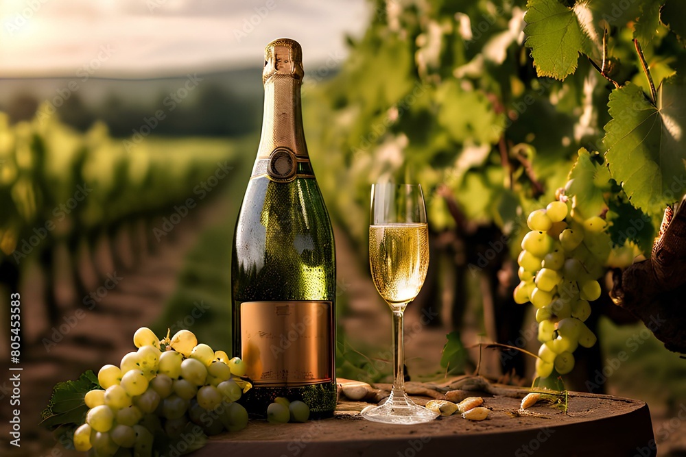 champagne bottle with glass in vineyard.