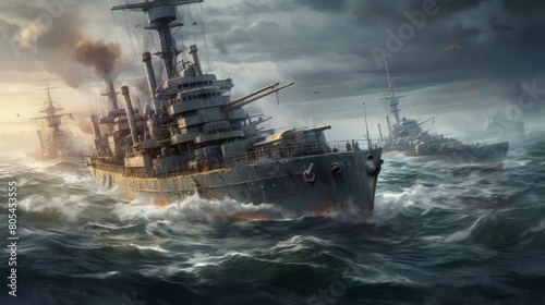 War expedition in the sea with missouri battleship warships , sharp focus, intricate, diorama, omunious atmosphere,detailed illustration, beautiful color palette, incredible details. photo