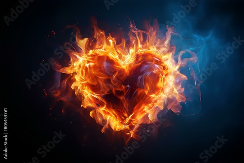 Fire heart pulse on blue background. © R-CHUN
