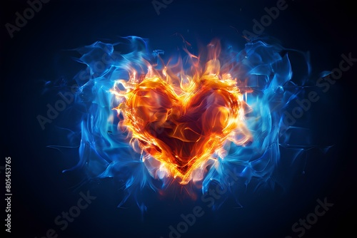 Fire heart pulse on blue background.