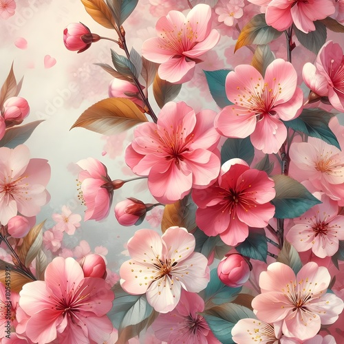 pattern with pink flowers Blooming pink cherry blossoms. Floral background.