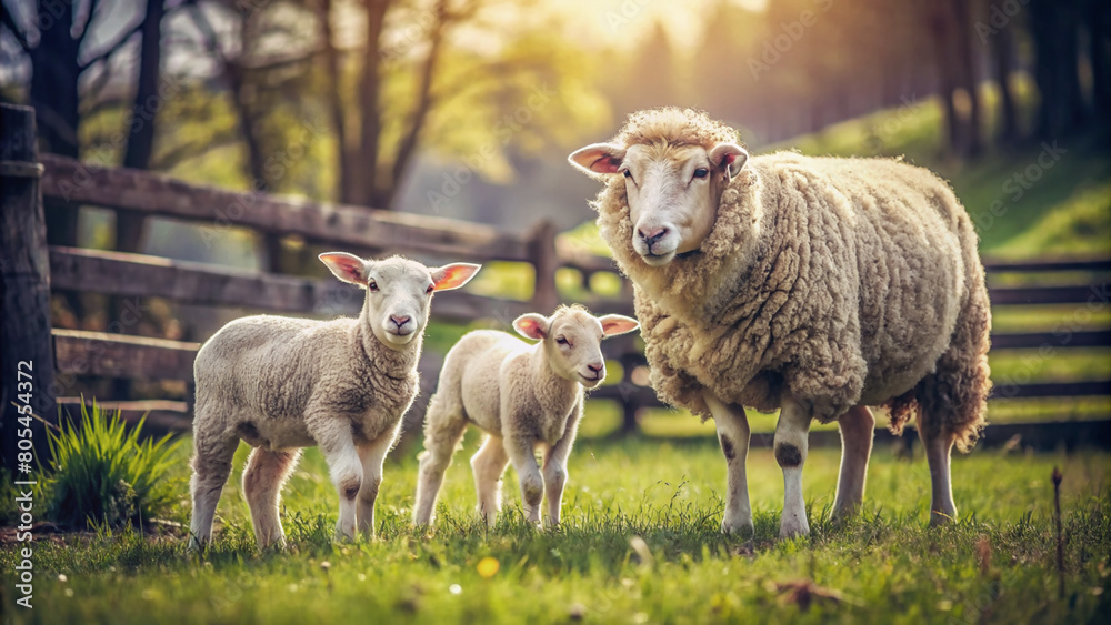 Fototapeta premium Ewe and Lambs in a Verdant Meadow. A serene snapshot of rural life, capturing a mother sheep and her two lambs grazing in a vibrant summer meadow. 