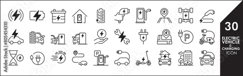 Simple Set of Car Charging Station Related Vector Line Icons. Contains such Icons as Electric socket station, Car plugged to charge, Battery and more. Editable Stroke.
