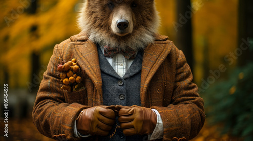 A man in a bear costume is wearing a suit and tie