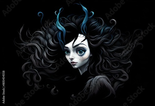 Beautiful girl with blue hair on a black background. Digital painting.