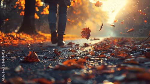Leaves crunch underfoot as a solitary figure walks along the roadside, the sound of their footsteps mingling with the gentle rustle of leaves in the breeze. photo