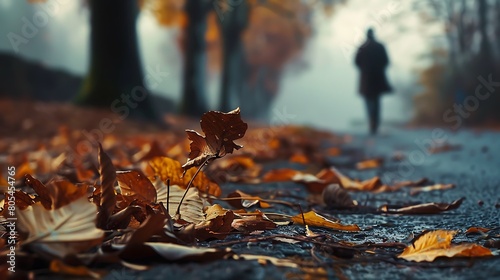 Leaves crunch underfoot as a solitary figure walks along the roadside, the sound of their footsteps mingling with the gentle rustle of leaves in the breeze. photo