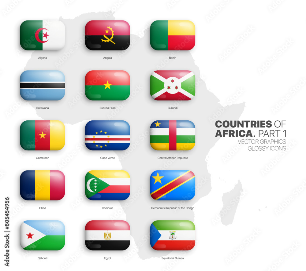 All African Countries Flags Vector 3D Rounded Glossy Icons Set Isolated On White Background Part 1. Official National Flags Of Africa Vivid Bright Color Bulging Convex Buttons Collection On Light Back All African Countries Flags Vector 3D Rounded Glossy Icons Set Isolated On White Background Part 1. Official National Flags Of Africa Vivid Bright Color Bulging Convex Buttons Collection On Light Back