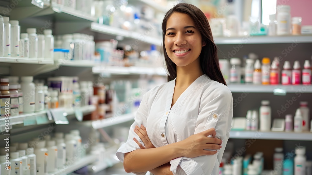 Confident female pharmacist smiling in front of medicine shelves. Professional healthcare worker in a pharmacy. Clean and modern drugstore setting. AI