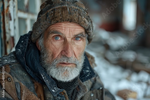 Close-up view of a mature man with penetrating gaze, wearing a hat, layered clothing, with snow in the background