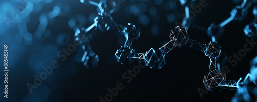 Black and blue gradient background with minimal futuristic polygonal molecule structure complex formations of tiny molecular polygons with a modern abstract flair.