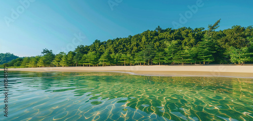 A serene view of a sandy beach leading into a forest, with the clear sky above reflecting the myriad greens of the trees. The horizon offers a clean line, ideal for overlaying copy photo